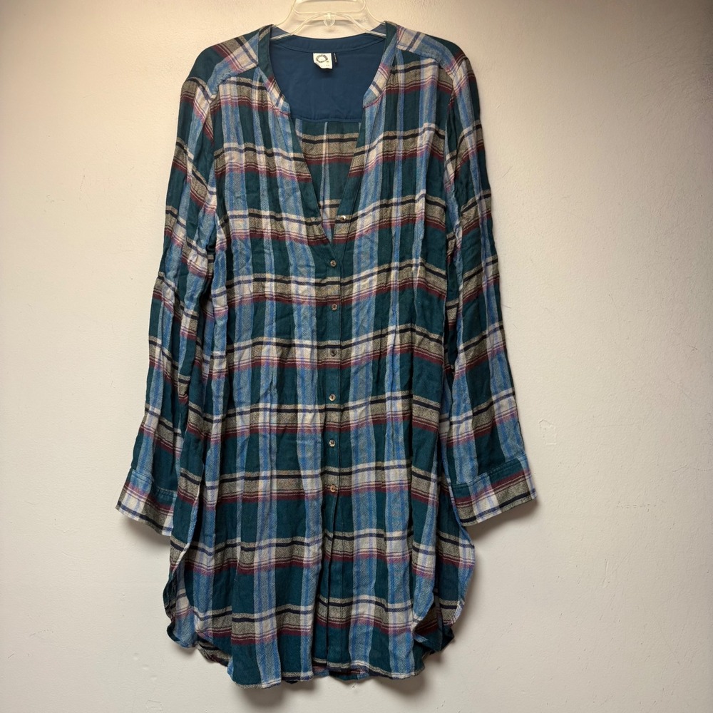 Akemi + Kin Tunic Women XL Teal Multi Plaid Excellent Rayon Wool Longline Blouse